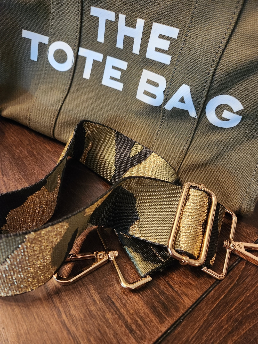 The Tote Bag Olive Canvas Tote with Camouflage Strap 12x9x5 - Picture 3 of 8